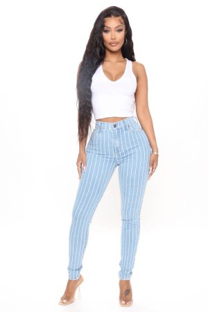 Blue Wash Fashion Nova You've Crossed The Line Striped Skinny Women Jeans USA | 396825GOX