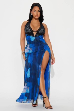 Blue / Black Fashion Nova Ashley Mesh Maxi Women Dress USA | 586174YXA