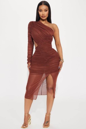 Brown Fashion Nova Arielle Mesh Midi Women Dress USA | 103426ING