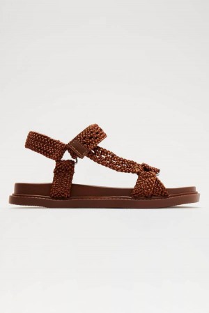 Brown Fashion Nova Ava Woven Strappy Flat Women Sandals USA | 207613NJD