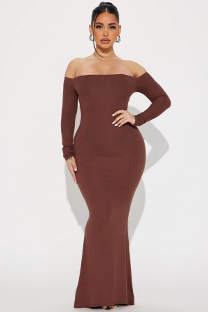 Brown Fashion Nova Becky Ribbed Maxi Women Dress USA | 130247MEZ