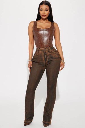 Brown Fashion Nova Bronzed Babe Coated Bootcut Women Jeans USA | 068243PTI