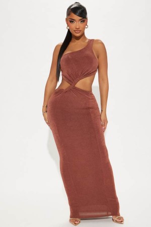 Brown Fashion Nova Cassandra Slinky Maxi Women Dress USA | 065731OGZ