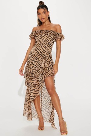 Brown Fashion Nova Exotic Zebra Maxi Women Dress USA | 572468BIK