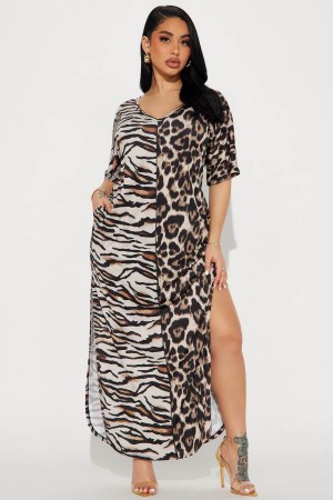 Brown Fashion Nova Eye Of A Tiger Maxi Women Dress USA | 317645YZR