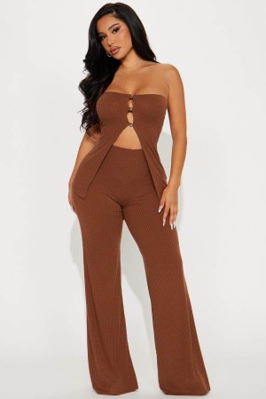 Brown Fashion Nova Friday Night Out Pant Set Women Pants USA | 409362INP