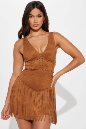 Brown Fashion Nova Fringed Fox Faux Suede Mini Women Dress USA | 957034JXM