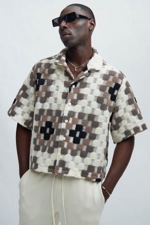 Brown Fashion Nova Gaston Jacquard Cropped Men Shirts USA | 896145YUM