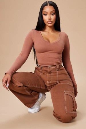 Brown Fashion Nova Give Me A Break Cargo Carpenter Women Jeans USA | 241079APR