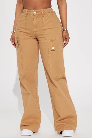 Brown Fashion Nova Here At Last Cargo Straight Leg Women Jeans USA | 245067NKP