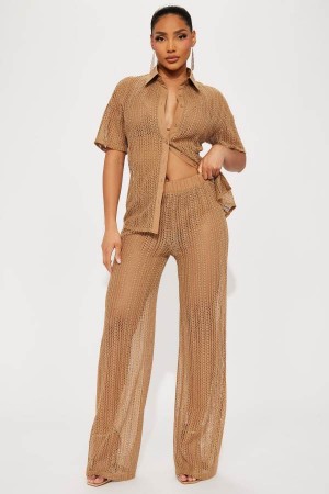 Brown Fashion Nova In My Vacay Era Crochet Pant Set Women Pants USA | 418932QFO