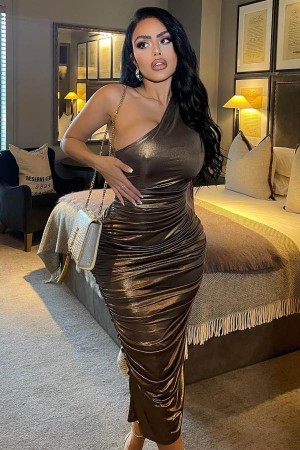 Brown Fashion Nova Kaelynn Metallic Midi Women Dress USA | 679524HRO