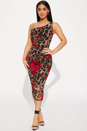 Brown Fashion Nova Leopard Rose Mesh Midi Women Dress USA | 631452KME