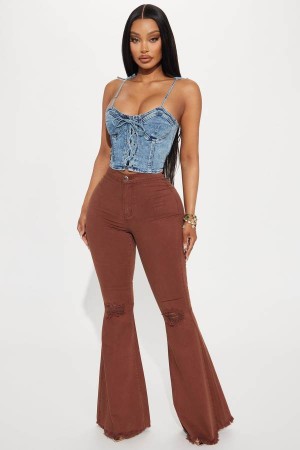 Brown Fashion Nova Mystery Solved Extreme Bell Bottom Women Jeans USA | 135674GAE