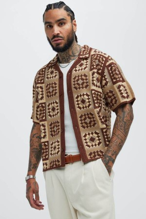 Brown Fashion Nova Nolan Textured Men Shirts USA | 124973RXJ