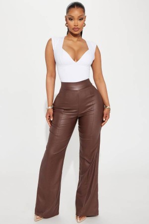 Brown Fashion Nova Petite Victoria High Waisted Faux Leather 32 Women Pants USA | 963781OXG