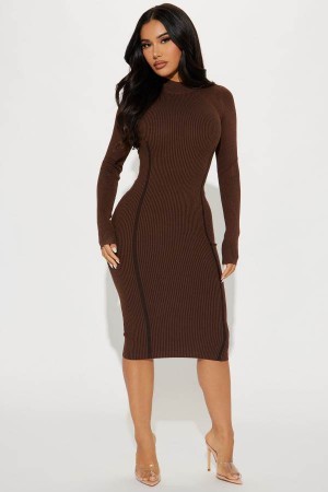 Brown Fashion Nova Pisces Sweater Midi Women Dress USA | 615032TKS