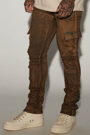 Brown Fashion Nova Pocket Me Cargo Stacked Skinny Zipper Flare Men Jeans USA | 967812AVJ