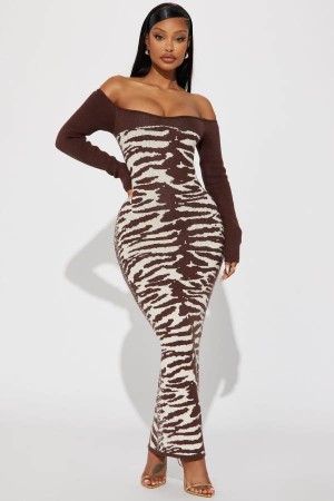 Brown Fashion Nova Queen Of The Jungle Sweater Maxi Women Dress USA | 026794SLG