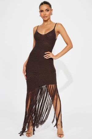 Brown Fashion Nova Rochelle Crochet Maxi Women Dress USA | 681435DFA