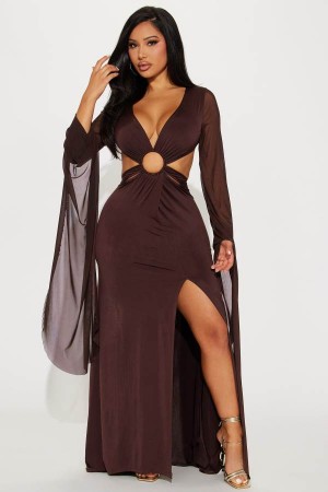 Brown Fashion Nova Sarah Long Sleeve Maxi Women Dress USA | 102635UDY