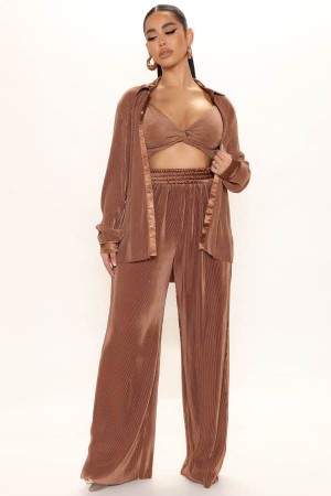 Brown Fashion Nova Shantelle 3 Piece Plisse Pant Set 32 Women Pants USA | 180952YAU