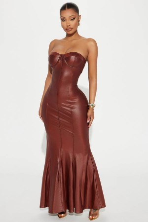 Brown Fashion Nova Stacey Faux Leather Maxi Women Dress USA | 619084TCU