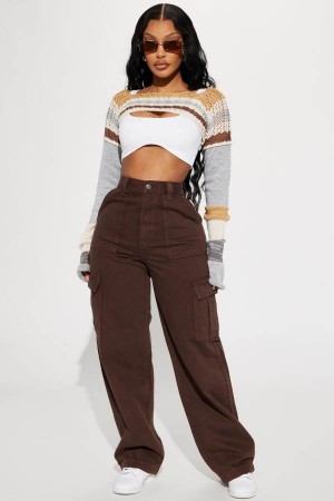 Brown Fashion Nova Unbothered Non Stretch Cargo Women Jeans USA | 942761OLF