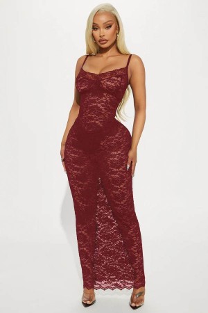 Burgundy Fashion Nova Agnes Lace Maxi Women Dress USA | 063597RLQ