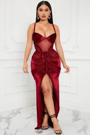 Burgundy Fashion Nova Caught Your Eye Velvet Maxi Women Dress USA | 172693PSB