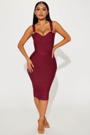 Burgundy Fashion Nova Celeste Bandage Midi Women Dress USA | 294375WOL