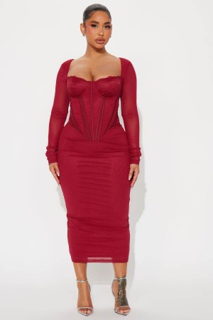 Burgundy Fashion Nova Dream Girl Mesh Midi Women Dress USA | 280564AVP