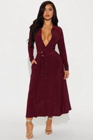 Burgundy Fashion Nova Elena Button Up Midi Women Dress USA | 184623KMY