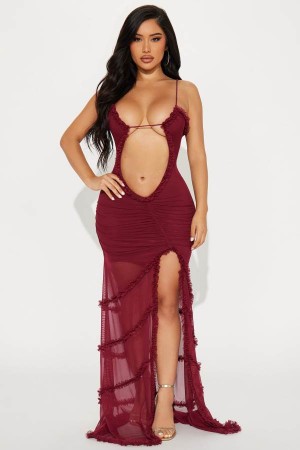 Burgundy Fashion Nova Kiana Mesh Maxi Women Dress USA | 563412RCB