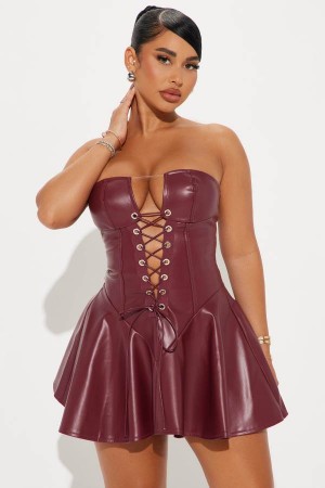 Burgundy Fashion Nova Leathered Seduction Micro Mini Women Dress USA | 984712JCO