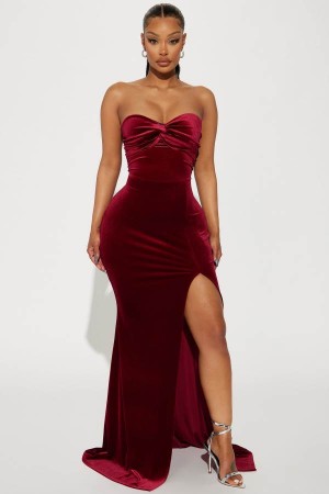 Burgundy Fashion Nova Mildred Velvet Maxi Women Dress USA | 837695SBL