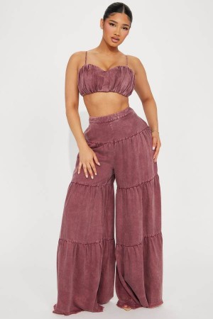 Burgundy Fashion Nova Olivia Washed Pant Set Women Pants USA | 480763UTJ