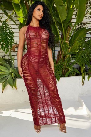 Burgundy Fashion Nova Relaxing All Summer Crochet Cover Up Maxi Women Dress USA | 824560RJQ