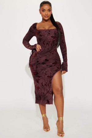 Burgundy Fashion Nova Spring Blossom Midi Women Dress USA | 208456MTK