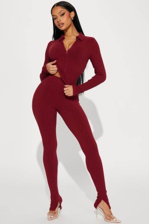 Burgundy Fashion Nova Zoey Sweater Pant Set Women Pants USA | 127839GAR