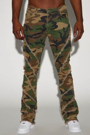 Camo Fashion Nova Slanted Fray Stacked Skinny Flare Men Jeans USA | 679413BNV