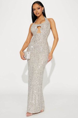 Champagne Fashion Nova Key To My Heart Sequin Maxi Women Dress USA | 027581ZRJ