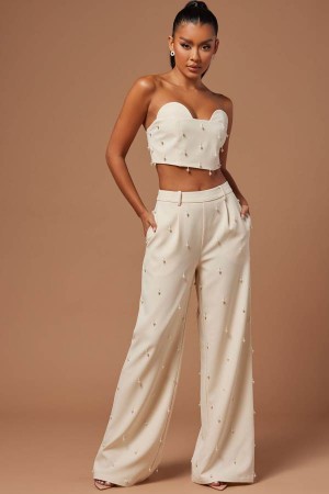 Champagne Fashion Nova Rayah Embellished Women Pants USA | 031896UAX