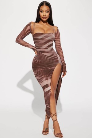 Chocolate Fashion Nova Claudia Mesh Maxi Set Women Dress USA | 012938EXD