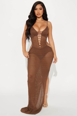 Chocolate Fashion Nova Kaelyn Crochet Maxi Women Dress USA | 014972MDW