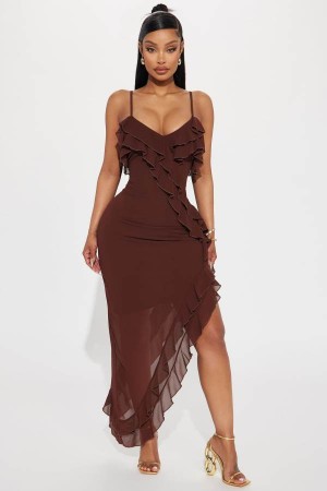 Chocolate Fashion Nova Kristi Ruffle Maxi Women Dress USA | 852734HOA