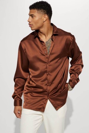 Chocolate Fashion Nova Links Satin Long Sleeve Button Up Men Shirts USA | 748210UKE