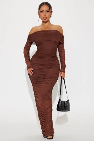 Chocolate Fashion Nova Top Trend Ruched Maxi Women Dress USA | 657924UXK