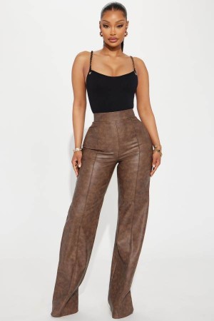 Chocolate Fashion Nova Victoria High Waisted Washed Faux Leather Women Pants USA | 815062JEV