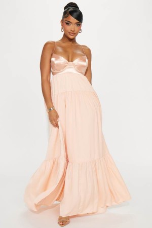 Coral Fashion Nova Elaina Satin Maxi Women Dress USA | 312854RIN